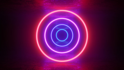 Glowing neon red purple circles rings lines with reflections on ground, lights, abstract vintage background, ultraviolet, spectrum vibrant colors, laser show. 3d render illustration