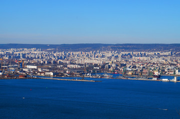 Obraz premium top view of the sea port city, aerial photo