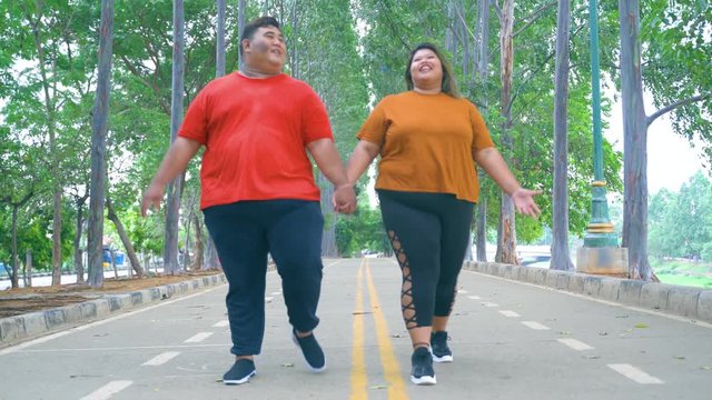 Happy overweight couple walking at the park while holding hands together. Shot in 4k resolution