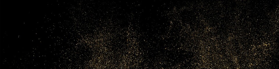 Fototapeta na wymiar Gold Glitter Texture Isolated On Black. Amber Particles Color. Celebratory Panoramic Background. Golden Explosion Of Confetti. Long Horizontal Banner. Vector Illustration, Eps 10.