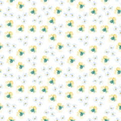 Background of watercolor delicate blue and yellow spring flowers on a white background. Use for wedding invitations, birthdays, menus and decorations.