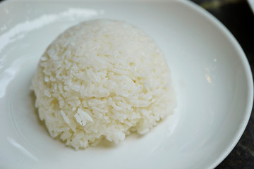 Steamed rice on white plate 