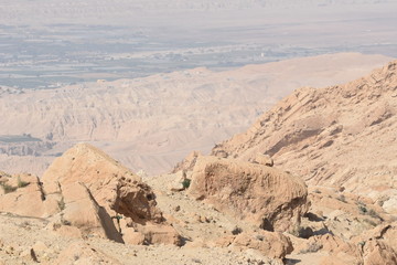 Fototapeta na wymiar View of the Dead Sea. Al Karak Fortress in Jordan. The ruins of the castle located on a high slope.