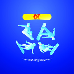 Winter sport. Vector illustration of sliding snowboarder in trendy flat style, isolated on dark blue background.
