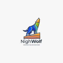 Vector Logo Illustration Night Wolf Line Art Style