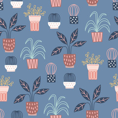 Scandinavian seamless pattern with succulents and home plants in pots