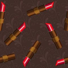 Obraz premium Stylish red lipsticks on brown ornate background. Seamless geometric pattern with decorative cosmetics. Beauty make up. Fashion multicolored vector stock illustration for fabric, textile. 