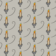 Fototapeta na wymiar A seamless vector pattern with ancient candlesticks on a grey stone background. Surface print design.
