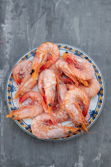 frozen shrimps on plate on ceramic background