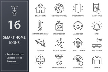 Smart home line icons set. Black vector illustration. Editable stroke.