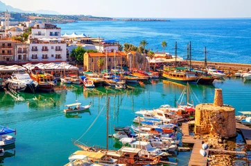 Wall murals Cyprus Panoramic view of Kyrenia (Girne) old harbour on the northern coast of Cyprus. Kyrenia seaside of Mediterranean Sea, Cyprus. Famous places and travel destination of Kyrenia, Cyprus