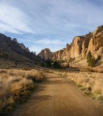 Rocks in a beautifully large canyon, desert with river. Smith Rock State Park National Park. Oregon State