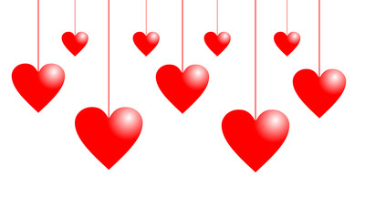 Red hearts as balloons on white background. Vector illustration for valentine's day.