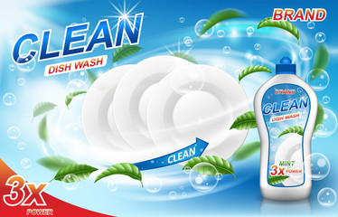 Dish wash soap ads. Realistic dishwashing packaging with detergent gel design and mint leaves. Liquid soap advertisement with clean plates. 3d vector illustration