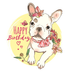 Obraz na płótnie Canvas Charming french bulldog with flowers. Cute birthday card