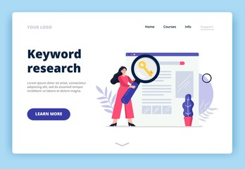 Cute landing page template on Search Engine Optimization theme. Girl with magnifying glass searching for keywords to improve website page rank. Flat Vector illustration.