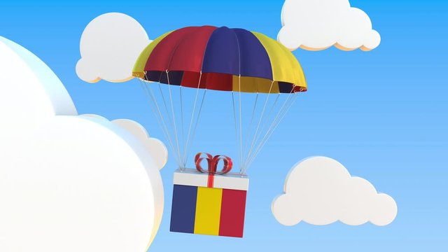 Box with national flag of Romania falls with a parachute. Loopable conceptual 3D animation