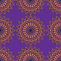 Round floral Seamless mandala pattern with purple background, mandala colorful vintage art, ancient Indian vedic background design, old painting texture with multiple mathematical shapes