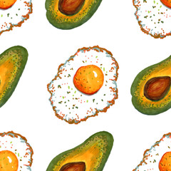 Breakfast set: fried eggs, avocado.