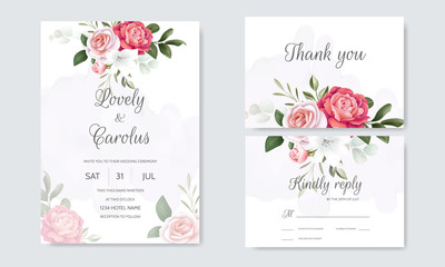 Beautiful wedding invitation card template set with floral frame and leaves