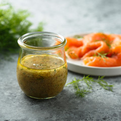 Homemade sweet mustard sauce with dill