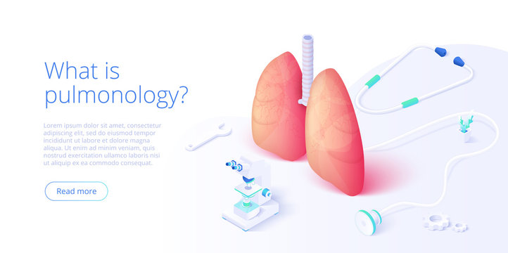 Pulmonary function test illustration in isometric vector design. Pulmonology theme image with doctor analyzing lungs on monitor. Respiratory medical diagnostics. Web banner layout template.