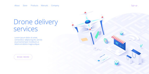 Drone delivery service concept in isometric vector illustration. Camera robot or quadrotor helicopter delivering box or parcel over cityscape. Web banner layout or background template.