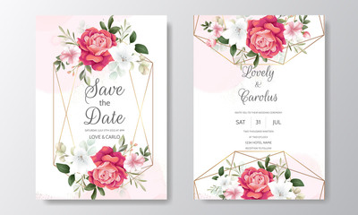 Beautiful wedding invitation card template set with floral frame and leaves