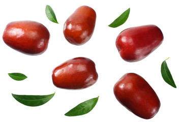 fresh date fruit with leaves isolated on white background. top view