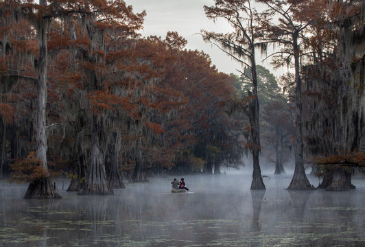Canoe on Swamp with fog and mist