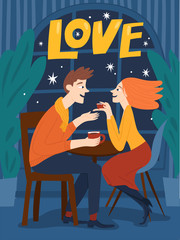 Valentines day poster or card with couple in love in cafe