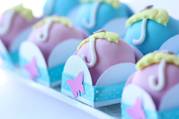 Sweet table and delicious cakes for first birthday. Candy bar with sweet