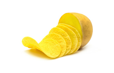 Chips snack cut with fresh potato cut in half isolated on white background.