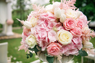 Wedding decorations with flowers. Close-up. Soft focus.
