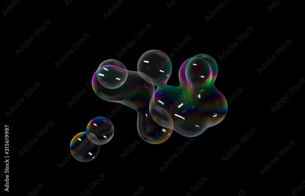 Aufkleber Abstract 3d geometric art with fluid floating liquid rainbow blobs, soap bubbles. 
