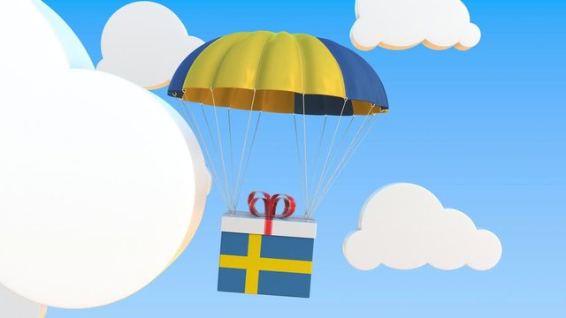 Carton with flag of Sweden falls with a parachute. Loopable conceptual 3D animation