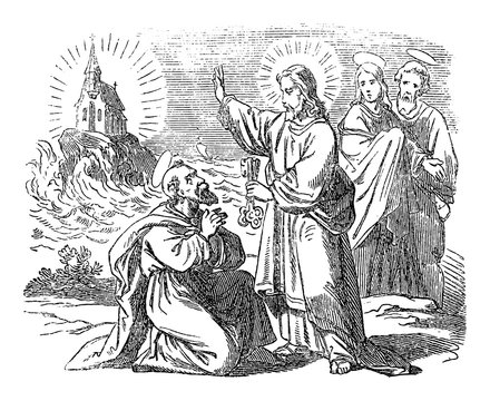 Vintage drawing or engraving of biblical story of Peter declares that Jesus is the Messiah. Jesus is giving the keys of kingdom of heave to saint Peter.Bible,New Testament,Matthew 16. Biblische