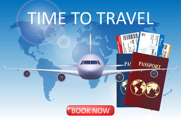 Air travel illustration with airplane. Brochure in tourism theme. Business travel agency advertisement airplane poster design. Vector illustration © sergey985