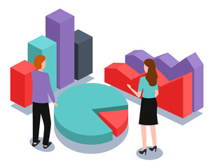 Report or analysis tools, isometric business charts vector. Businessman and businesswoman standing near pie graphic. Man and woman, statistics and analysis graphs, profit and development illustration