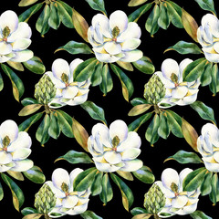 Watercolor seamless pattern with white magnolia, green leaves, botanical painting isolated on a black background, floral painting, stock illustration. Fabric wallpaper print texture.