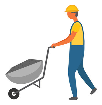 Man wearing special uniform for workers vector, isolated character with protective helmet. Male working hard, carriage filled with cement for building