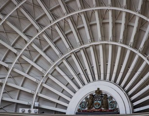 Leeds, England, 03/05/2019 Leeds Corn Exchange interior images of the beautiful architecture on the roof and dome shaped ceiling for many shoppers having a lovely place to look at with vintage