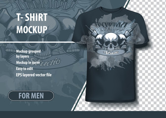 T-shirt mock-up template with tattoo studio drawing. Editable vector layout.