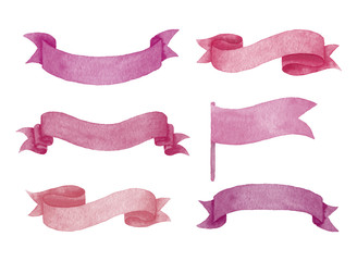 Obraz premium Watercolor pink ribbons and banners for text. Collection of Watercolor design elements, backgrounds, ribbons . Hand drawn abstract colorful stripes.