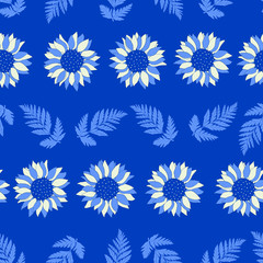 Fototapeta na wymiar Seamless Floral Vector Pattern with sunflowers and leaves, color Pantone 2020 Classic Blue for fabric, decoration, textile, print