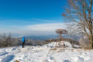 Spectacular winter panorama above froyen karst lake.