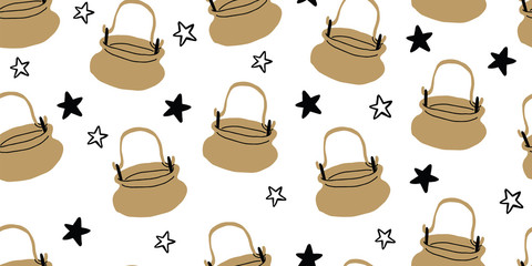 Vector seamless pattern with cauldrons, cattle
