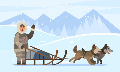 Eskimos on sledges with husky dogs traveling through empty forests and woods covered with snow. Arctic person wearing warm clothes. Landscape with mountains and trees nature, vector in flat style - obrazy, fototapety, plakaty