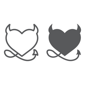 Devil Heart Valentine line and glyph icon, love and holiday, devil heart sign, vector graphics, a linear pattern on a white background, eps 10.
