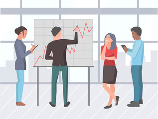 Business presentation startup ideas explanation vector, businessman with partners showing results and stats. Whiteboard with growing flowchart infochart